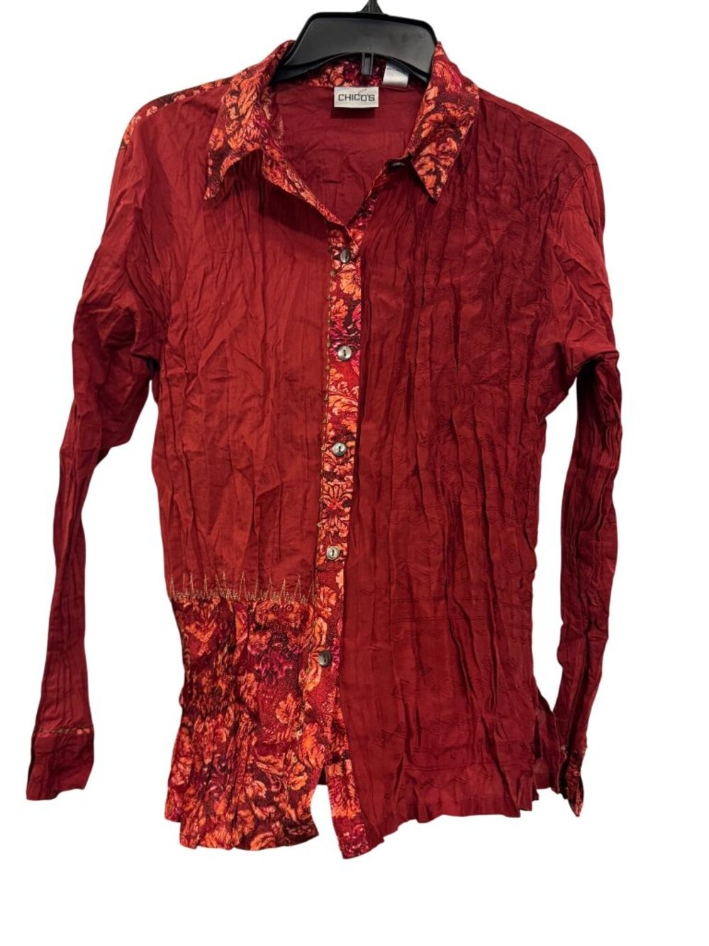 Chicos Red Mixed Floral Embroidered Button-Up Shirt Size 1 Cotton & Silk